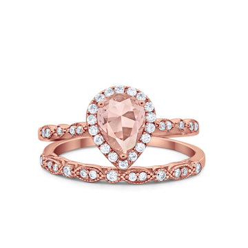 Teardrop Engagement Piece Ring Band Rose Tone, Simulated Morganite CZ 925 Sterling Silver